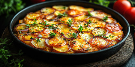 An overhead photo of a Spanish tortilla in a traditional tortilla, with parsley, on dark rustic textures with ingredients.の素材