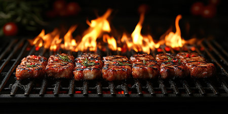 Barbecue Fire Grill With Cookout Food.の素材