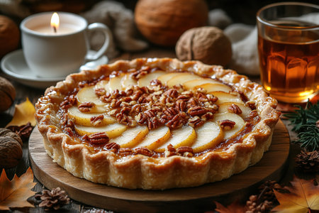 Apple pie decorated with lattice overhead shot, fall baking concept.の素材