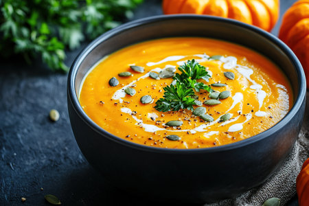 Pumpkin soup with cream, seeds, crackers and cinnamon. Autumn decor on table, orange squash in background. Healthy Halloween food.の素材