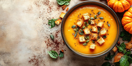 Pumpkin soup with cream, seeds, crackers and cinnamon. Autumn decor on table, orange squash in background. Healthy Halloween food. Top view with copy space.の素材