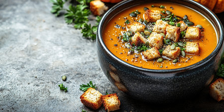 Pumpkin soup with cream, seeds, crackers and cinnamon. Autumn decor on table, orange squash in background. Healthy Halloween food. Top view with copy space.の素材