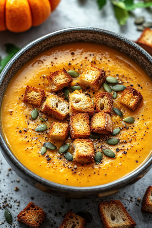 Pumpkin soup with cream, seeds, crackers and cinnamon. Autumn decor on table, orange squash in background. Healthy Halloween food.の素材