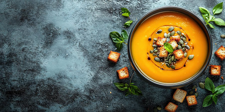 Pumpkin soup with cream, seeds, crackers and cinnamon. Autumn decor on table, orange squash in background. Healthy Halloween food. Top view with copy space.の素材