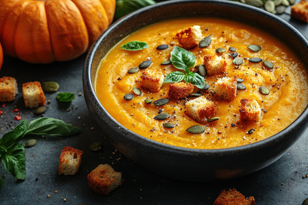 Pumpkin soup with cream, seeds, crackers and cinnamon. Autumn decor on table, orange squash in background. Healthy Halloween food.の素材