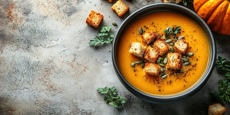 Pumpkin soup with cream, seeds, crackers and cinnamon. Autumn decor on table, orange squash in background. Healthy Halloween food. Top view with copy space.の素材