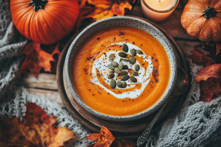 Pumpkin soup with cream, seeds, crackers and cinnamon. Autumn decor on table, orange squash in background. Healthy Halloween food.の素材