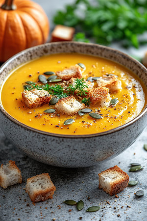 Pumpkin soup with cream, seeds, crackers and cinnamon. Autumn decor on table, orange squash in background. Healthy Halloween food.の素材