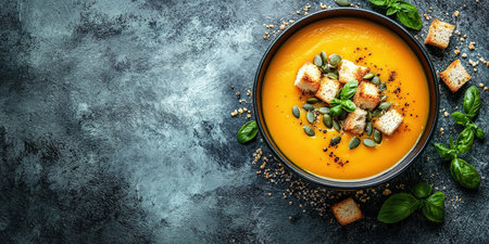 Pumpkin soup with cream, seeds, crackers and cinnamon. Autumn decor on table, orange squash in background. Healthy Halloween food. Top view with copy space.の素材