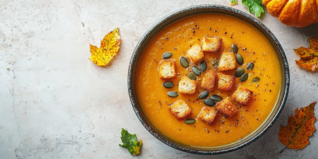 Pumpkin soup with cream, seeds, crackers and cinnamon. Autumn decor on table, orange squash in background. Healthy Halloween food. Top view with copy space.の素材