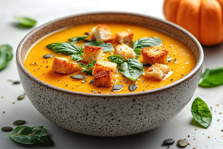 Pumpkin soup with cream, seeds, crackers and cinnamon. Autumn decor on table, orange squash in background. Healthy Halloween food.の素材