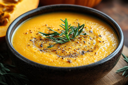 Pumpkin soup with cream, seeds, crackers and cinnamon. Autumn decor on table, orange squash in background. Healthy Halloween food.の素材