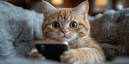 A fluffy pet cat looks into a smartphone and is surprised by the discounts. The concept of autumn discounts, black Friday sales.の素材