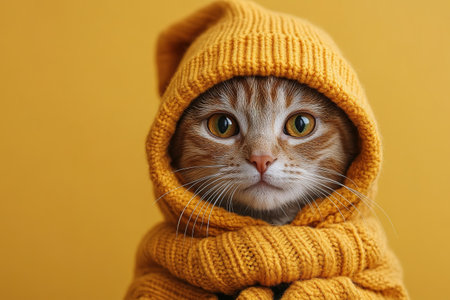 Portrait of a dressed up funny cat in a yellow knitted hat and scarf is looking up. An autumn cat in a cozy atmosphere.の素材