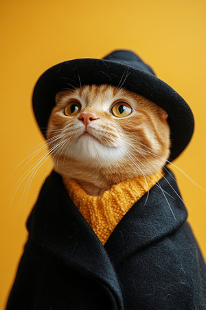 Portrait of a dressed up funny cat in a yellow knitted hat and scarf is looking up. An autumn cat in a cozy atmosphere.の素材