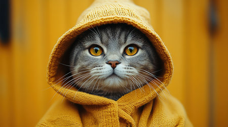 Portrait of a dressed up funny cat in a yellow knitted hat and scarf is looking up. An autumn cat in a cozy atmosphere.の素材