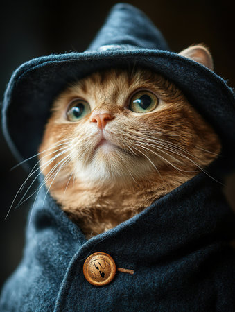 Portrait of a dressed up funny cat in a yellow knitted hat and scarf is looking up. An autumn cat in a cozy atmosphere.の素材