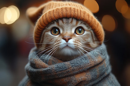 Portrait of a dressed up funny cat in a yellow knitted hat and scarf is looking up. An autumn cat in a cozy atmosphere.の素材