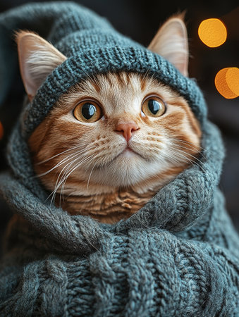 Portrait of a dressed up funny cat in a yellow knitted hat and scarf is looking up. An autumn cat in a cozy atmosphere.の素材