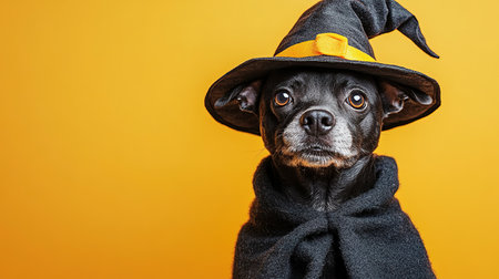 Portrait happy smiling puppy dog celebrating Halloween, carnival or new year's eve. Isolated on orange background. The dog represents a witch or wizard on Halloween.の素材