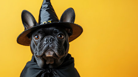 Portrait happy smiling puppy dog celebrating Halloween, carnival or new year's eve. Isolated on orange background. The dog represents a witch or wizard on Halloween.の素材