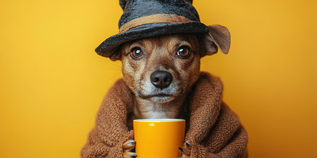 Portrait happy smiling puppy dog celebrating Halloween, carnival or new year's eve. Isolated on orange background. The dog represents a witch or wizard on Halloween.の素材