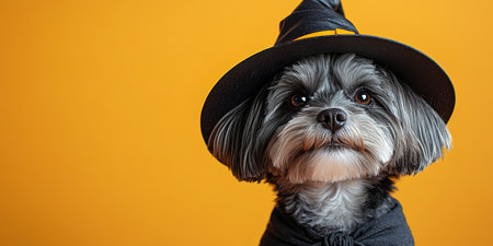 Portrait happy smiling puppy dog celebrating Halloween, carnival or new year's eve. Isolated on orange background. The dog represents a witch or wizard on Halloween.の素材