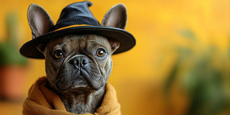Portrait happy smiling puppy dog celebrating Halloween, carnival or new year's eve. Isolated on orange background. The dog represents a witch or wizard on Halloween.の素材