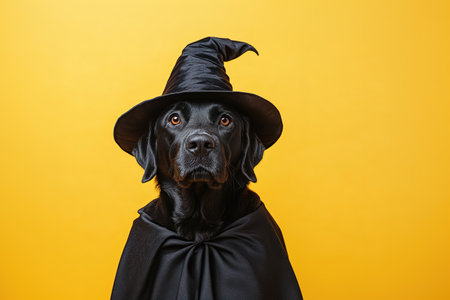 Portrait happy smiling puppy dog celebrating Halloween, carnival or new year's eve. Isolated on orange background. The dog represents a witch or wizard on Halloween.の素材