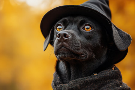 Portrait happy smiling puppy dog celebrating Halloween, carnival or new year's eve. Isolated on orange background. The dog represents a witch or wizard on Halloween.の素材