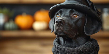 Portrait happy smiling puppy dog celebrating Halloween, carnival or new year's eve. Isolated on orange background. The dog represents a witch or wizard on Halloween.の素材