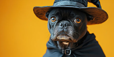 Portrait happy smiling puppy dog celebrating Halloween, carnival or new year's eve. Isolated on orange background. The dog represents a witch or wizard on Halloween.の素材