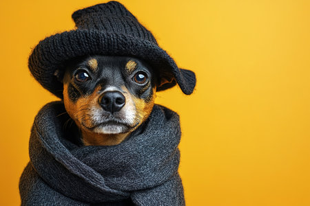 Portrait happy smiling puppy dog celebrating Halloween, carnival or new year's eve. Isolated on orange background. The dog represents a witch or wizard on Halloween.の素材