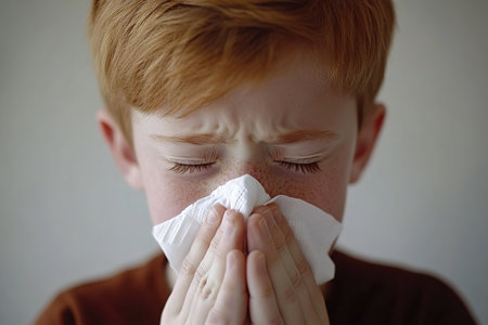 Toddler boy with sick look blowing her nose in the napkin, health and care concept, indoor portrait.の素材