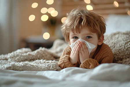 Toddler boy with sick look blowing her nose in the napkin, health and care concept, indoor portrait.の素材