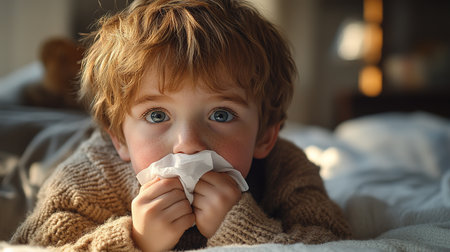 Toddler boy with sick look blowing her nose in the napkin, health and care concept, indoor portrait.の素材