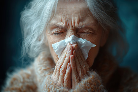 Cold. Portrait of a sad old woman, runny nose. An elderly woman has the flu and snows from a seasonal viral problem. Fever and cold in the elderly with flu.の素材