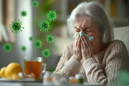 Cold. Portrait of a sad old woman, runny nose. An elderly woman has the flu and snows from a seasonal viral problem. Fever and cold in the elderly with flu.の素材