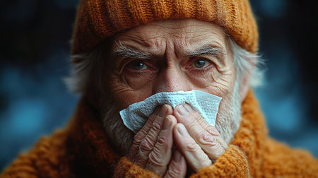 An elderly man is not feeling well, sitting at home on the sofa covered with a blanket, holding a cup with a drink in his hands and wiping his nose with a napkin from a runny nose.の素材