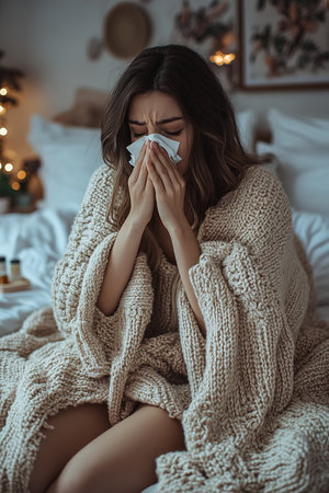 Young sad displeased upset woman wear hold napkin blowing nose isolated on plain background studio portrait Healthy lifestyle ill sick disease treatment cold season concept. The girl sneezes into a handkerchief.の素材