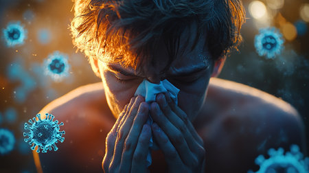 Young man sneezing and having a runny nose allergy sitting on a bench in the daytime outside an office building, hispanic businessman sick with a tissue near his nose.の素材