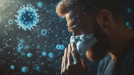 Young man sneezing and having a runny nose allergy sitting on a bench in the daytime outside an office building, hispanic businessman sick with a tissue near his nose.の素材