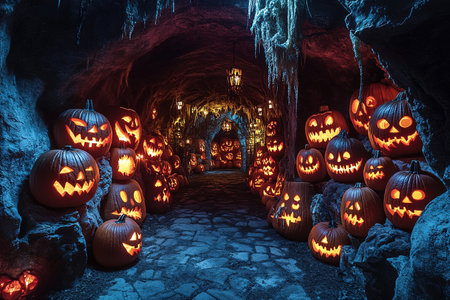 Walking Through a Dark Cave, Candles Set Up Inside and the Pumpkin Glows on Halloween Night. Traditional Halloween Symbol.の素材