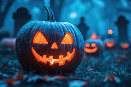 Abandoned scary house near the cemetery in the forest with pumpkins, a full moon, bats and fog. Pumpkins In Graveyard In The Spooky Night, Halloween Backdrop.の素材