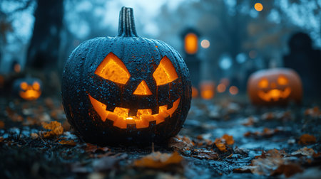 Abandoned scary house near the cemetery in the forest with pumpkins, a full moon, bats and fog. Pumpkins In Graveyard In The Spooky Night, Halloween Backdrop.の素材
