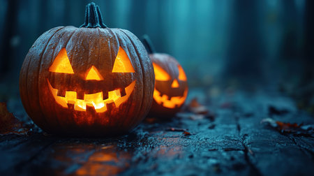 Spooky Halloween pumpkins in the forest. Scary halloween background with free space for text. Jack-o-lantern on a wooden table.の素材