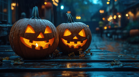 Spooky Halloween pumpkins in the forest. Scary halloween background with free space for text. Jack-o-lantern on a wooden table.の素材