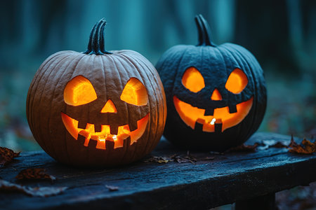 Spooky Halloween pumpkins in the forest. Scary halloween background with free space for text. Jack-o-lantern on a wooden table.の素材