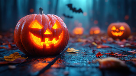 Spooky Halloween pumpkins in the forest. Scary halloween background with free space for text. Jack-o-lantern on a wooden table.の素材