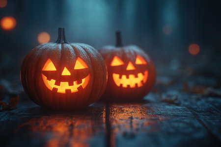 Spooky Halloween pumpkins in the forest. Scary halloween background with free space for text. Jack-o-lantern on a wooden table.の素材